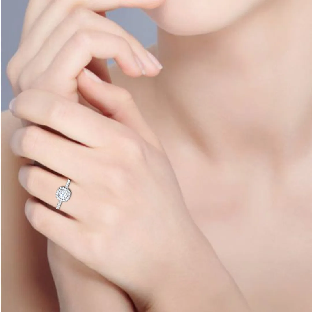 0.50 cts. Cushion Solitaire Halo Diamond Shank Platinum Ring JL PT RH CU 138