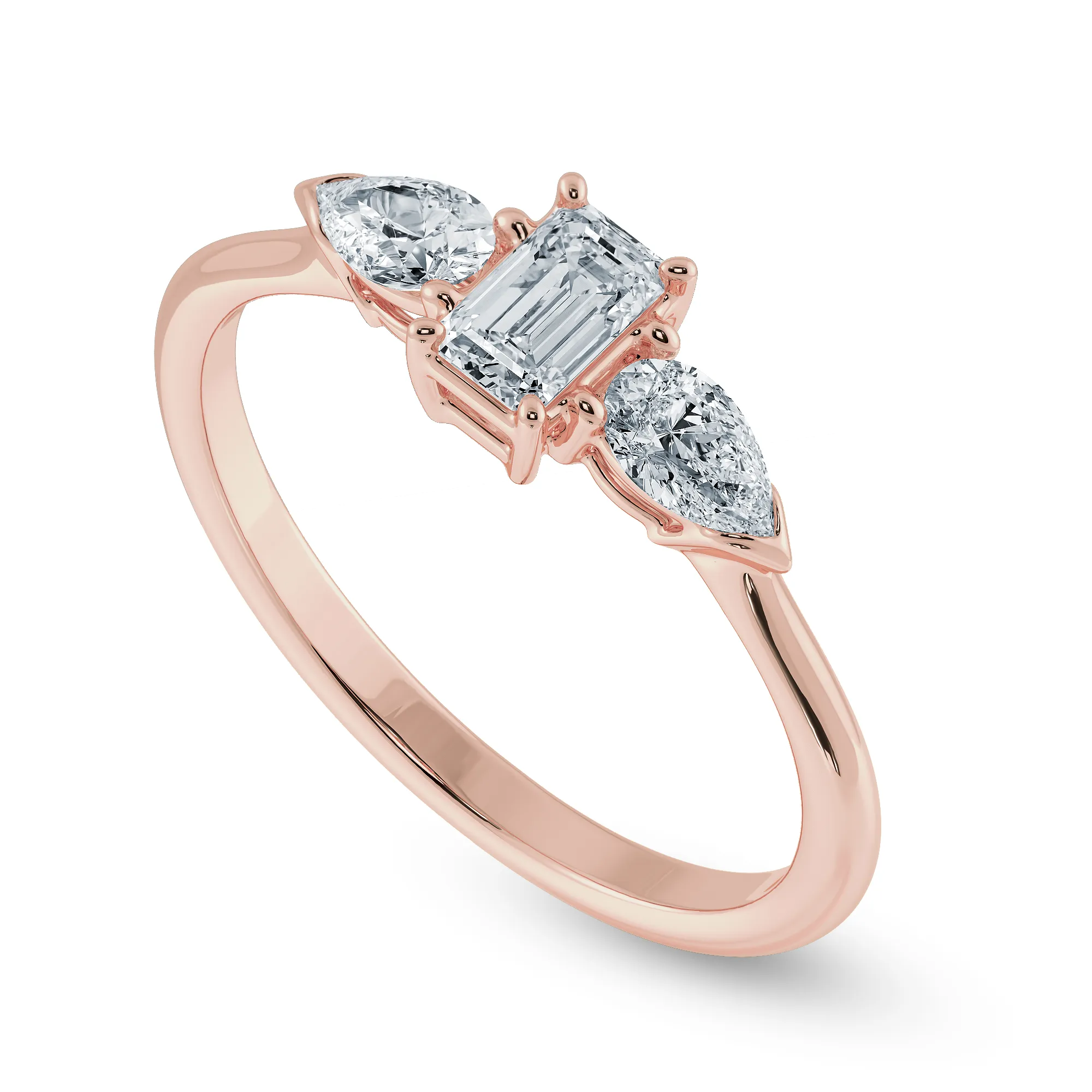 0.50cts. Emerald Cut Solitaire with Pear Cut Diamond Accents 18K Rose Gold Solitaire Ring JL AU 1204R-A