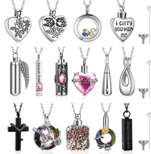 15 Pcs Urn Necklace for Ashes Keepsake Cremation Jewelry Stainless Steel Cross Heart Cubic Locket Ashes Necklace
