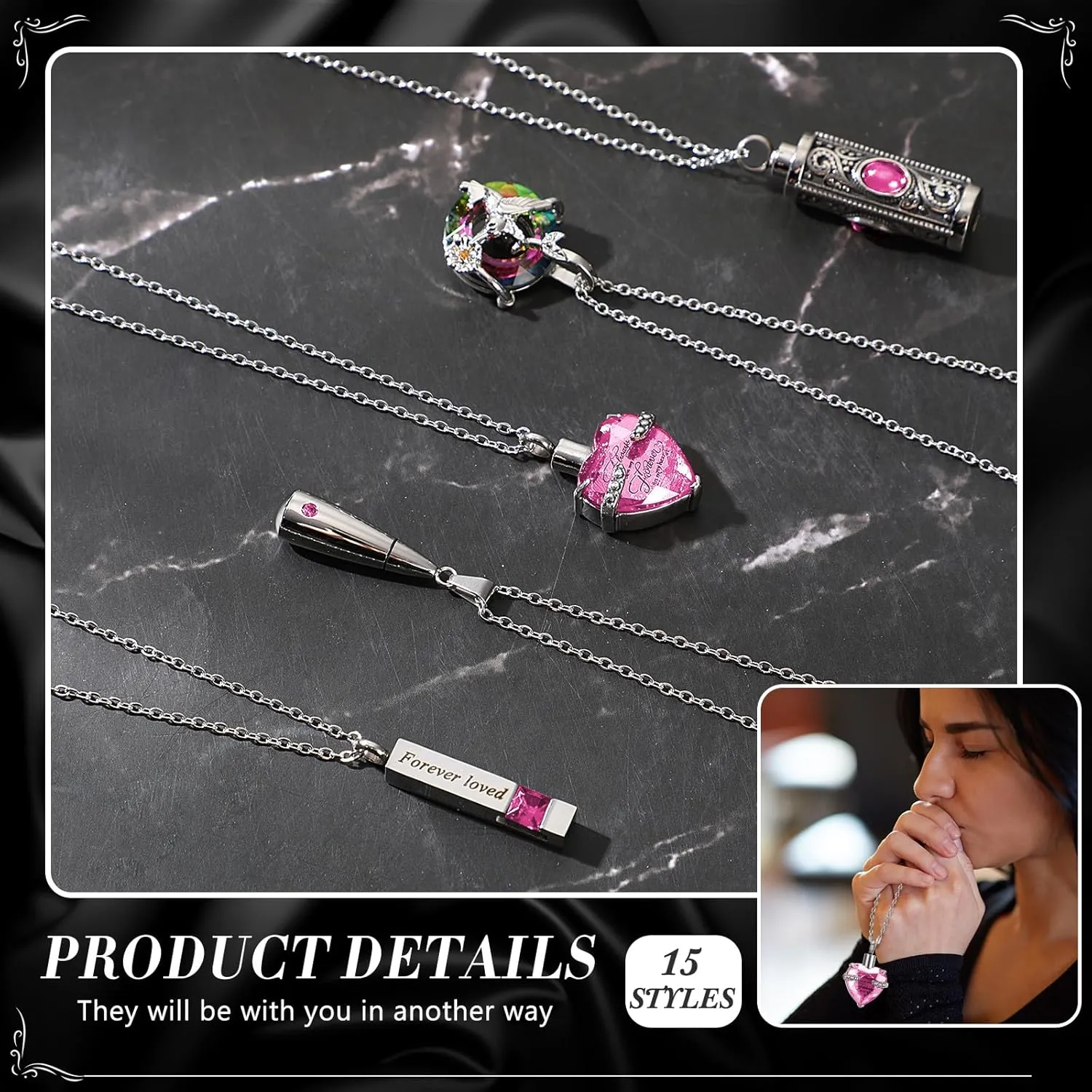 15 Pcs Urn Necklace for Ashes Keepsake Cremation Jewelry Stainless Steel Cross Heart Cubic Locket Ashes Necklace