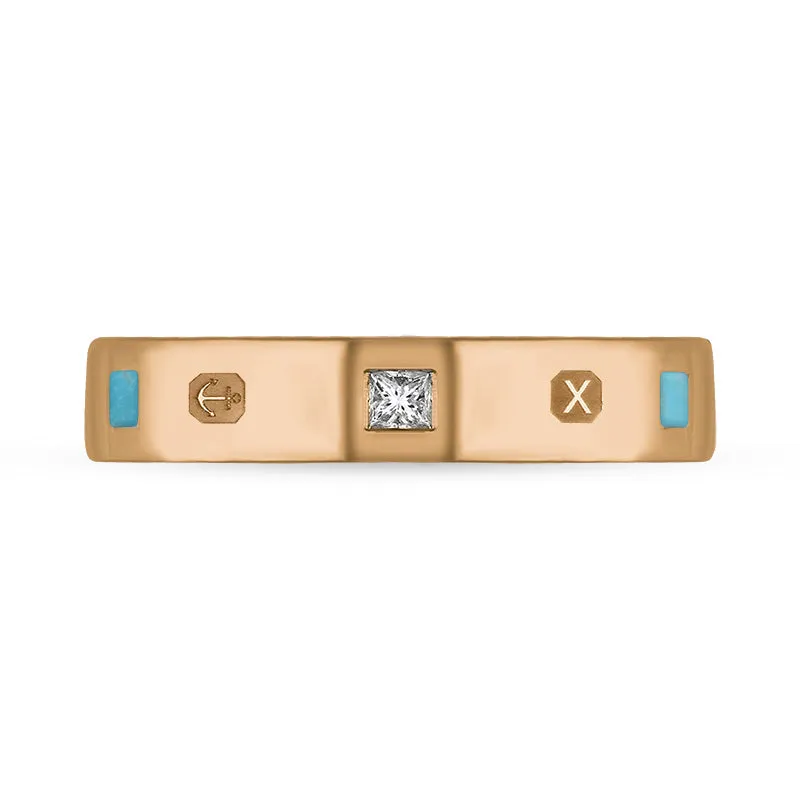 18ct Rose Gold Turquoise 0.09ct Diamond Queen's Jubilee Hallmark Princess Cut 4mm Ring D