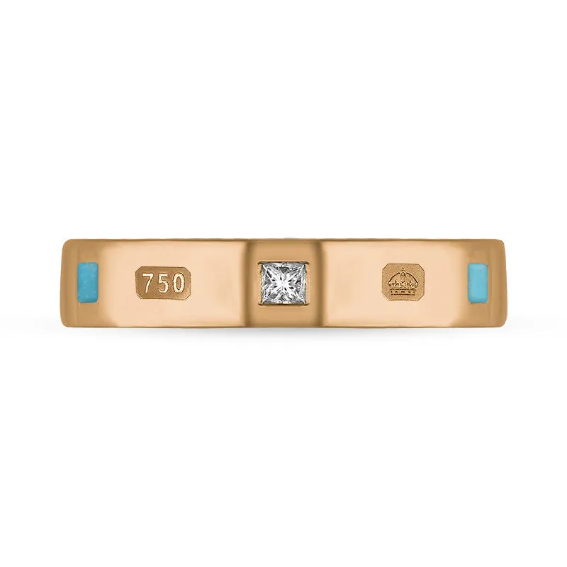 18ct Rose Gold Turquoise 0.09ct Diamond Queen's Jubilee Hallmark Princess Cut 4mm Ring D