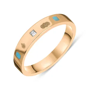 18ct Rose Gold Turquoise 0.09ct Diamond Queen's Jubilee Hallmark Princess Cut 4mm Ring D