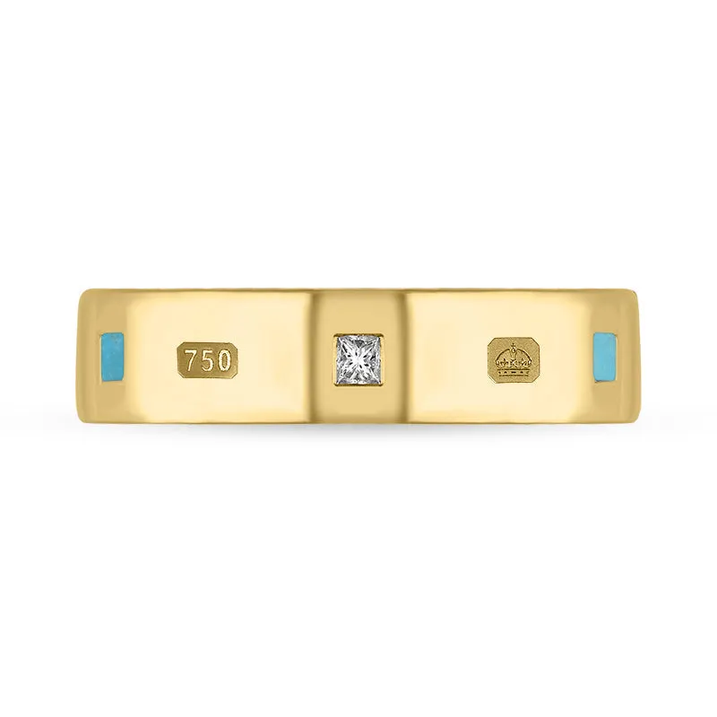 18ct Yellow Gold Turquoise 0.12ct Diamond Queen's Jubilee Hallmark Princess Cut 5mm Ring D