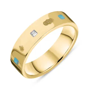 18ct Yellow Gold Turquoise 0.12ct Diamond Queen's Jubilee Hallmark Princess Cut 5mm Ring D