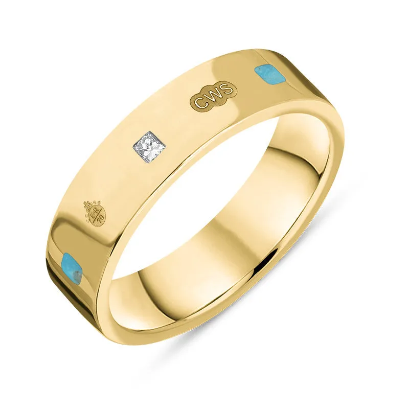 18ct Yellow Gold Turquoise 0.12ct Diamond Queen's Jubilee Hallmark Princess Cut 5mm Ring D