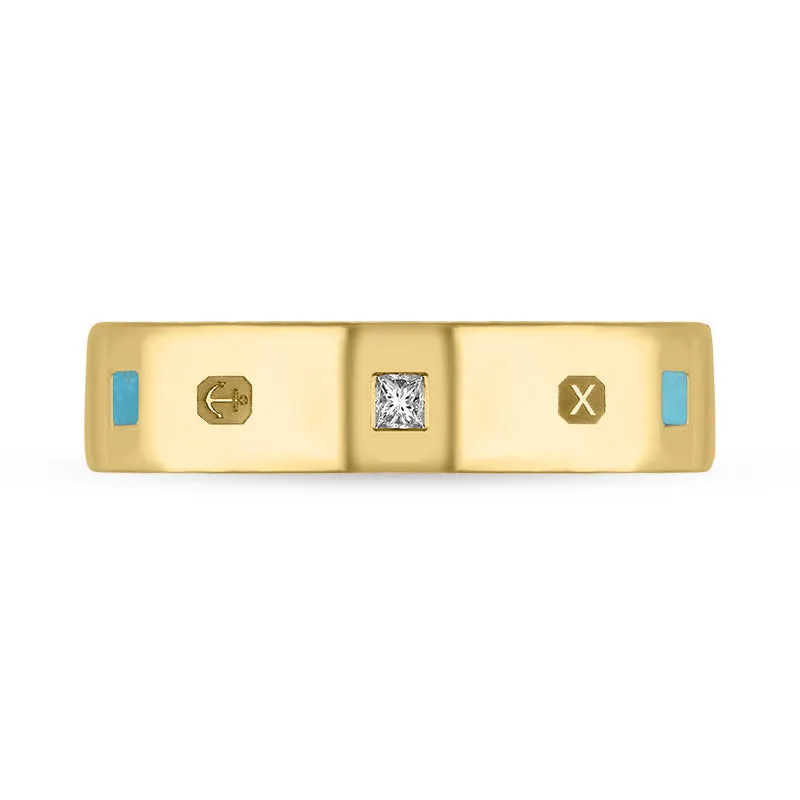 18ct Yellow Gold Turquoise 0.12ct Diamond Queen's Jubilee Hallmark Princess Cut 5mm Ring D