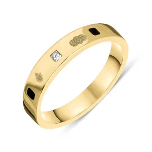 18ct Yellow Gold Whitby Jet 0.09ct Diamond Queen's Jubilee Hallmark Princess Cut 4mm Ring D