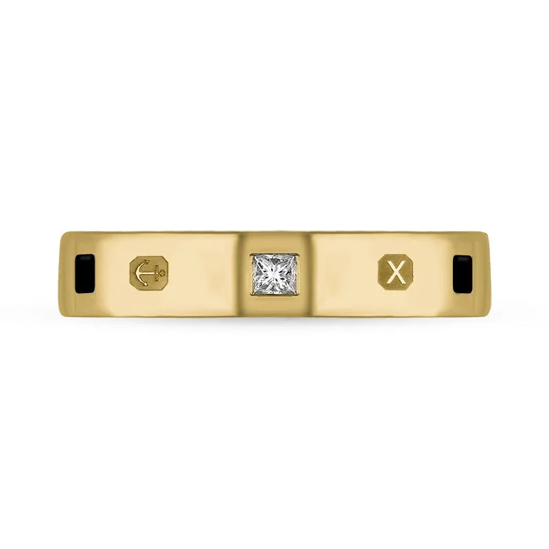 18ct Yellow Gold Whitby Jet 0.09ct Diamond Queen's Jubilee Hallmark Princess Cut 4mm Ring D