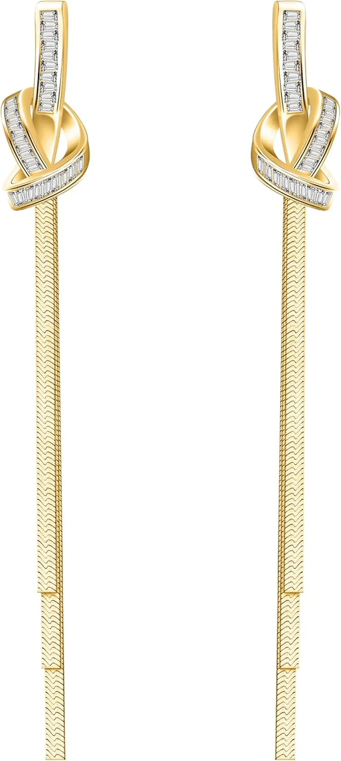 18K Gold Plated Snake Chain Tassel Earrings for Women Fringe Knot Cubic Zircon with S925 Silver Stud Earrings Long Tassel Drop Boho Jewelry
