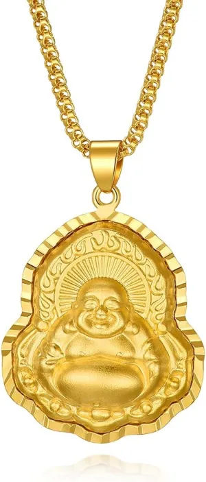 24K Gold Plated Laughing Buddha Necklace Religious Pendant Lucky Amulet Protection Fengshui Jewelry