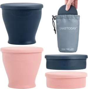 2PCS Collapsible Travel Cup - Silicone Foldable Water Cup, BPA-Free with Lid & Waterproof Bag - Drinking Cup Set for Camping, Outdoors & International Travel8 Oz, Navy & Lowcountry Peach