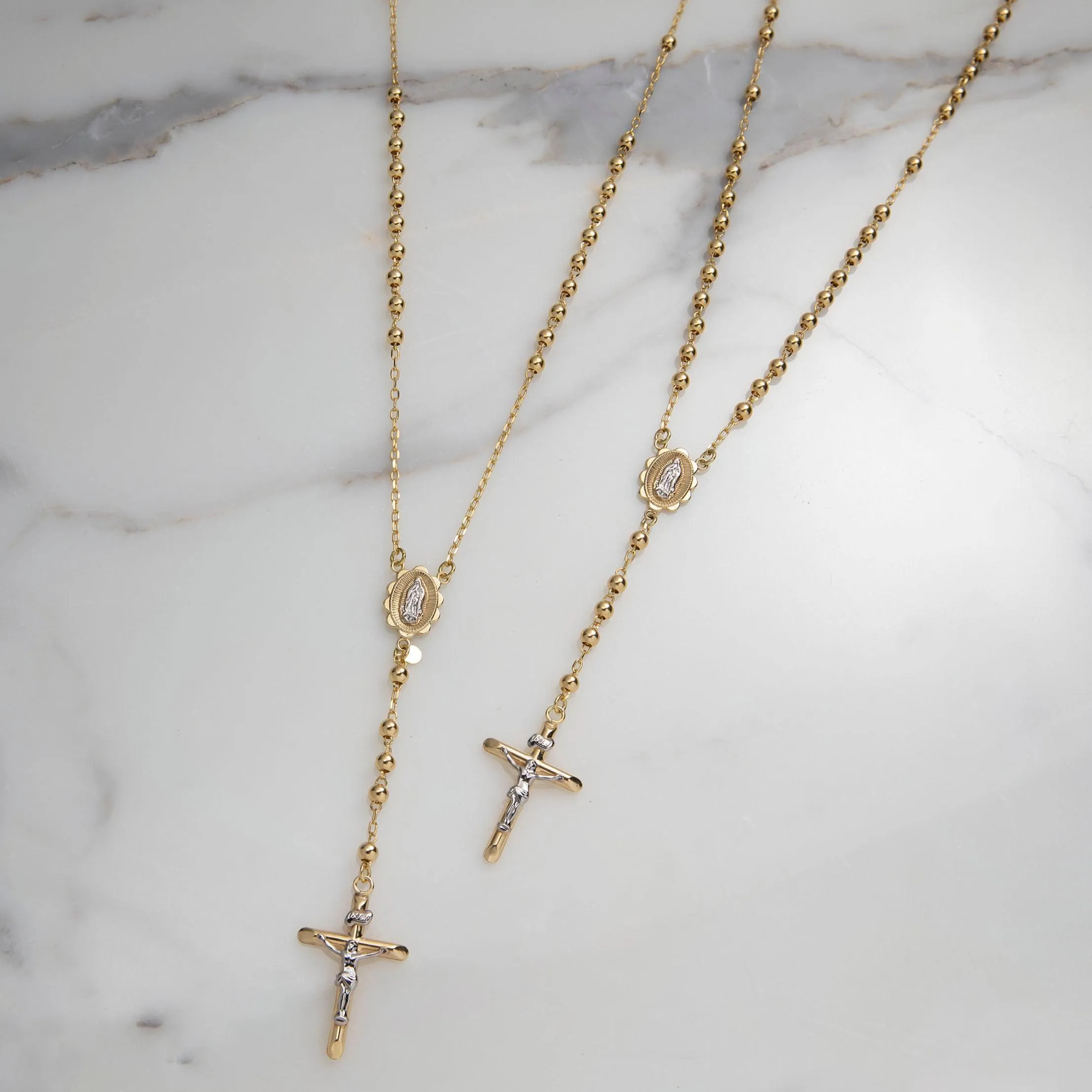 4mm Medallion Cross Rosary Crucifix Chain Necklace 10K Yellow Gold