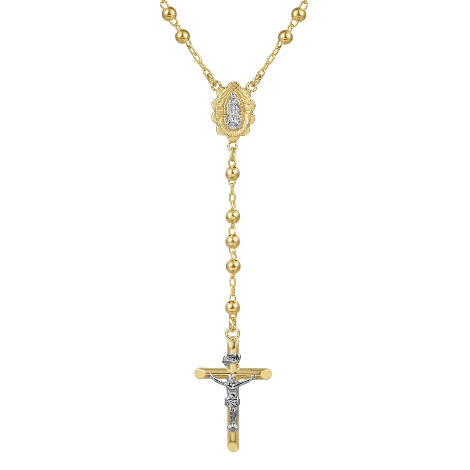 4mm Medallion Cross Rosary Crucifix Chain Necklace 10K Yellow Gold