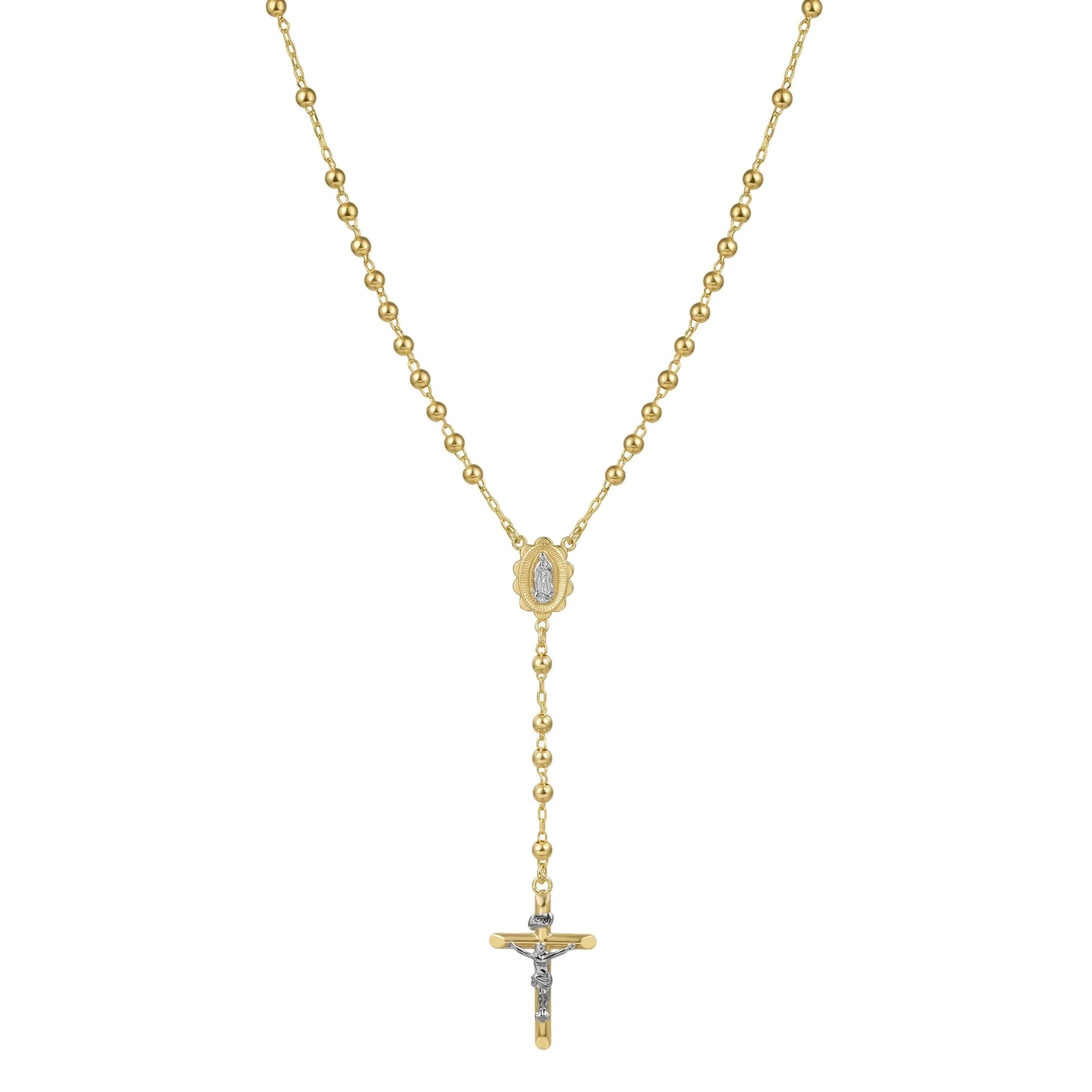 4mm Medallion Cross Rosary Crucifix Chain Necklace 10K Yellow Gold