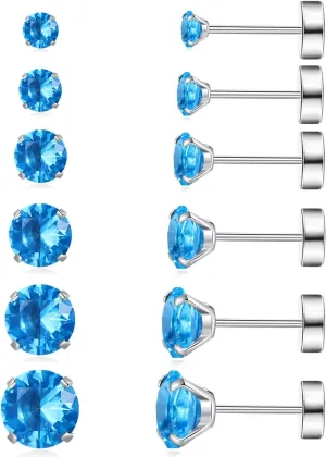 6 Pairs Hypoallergenic Surgical Steel Threaded Ear Studs for Cartilage, Helix, Lobe | Cubic Zirconia Flat Back Earrings for Women | Minimalist Everyday Jewelry Gifts