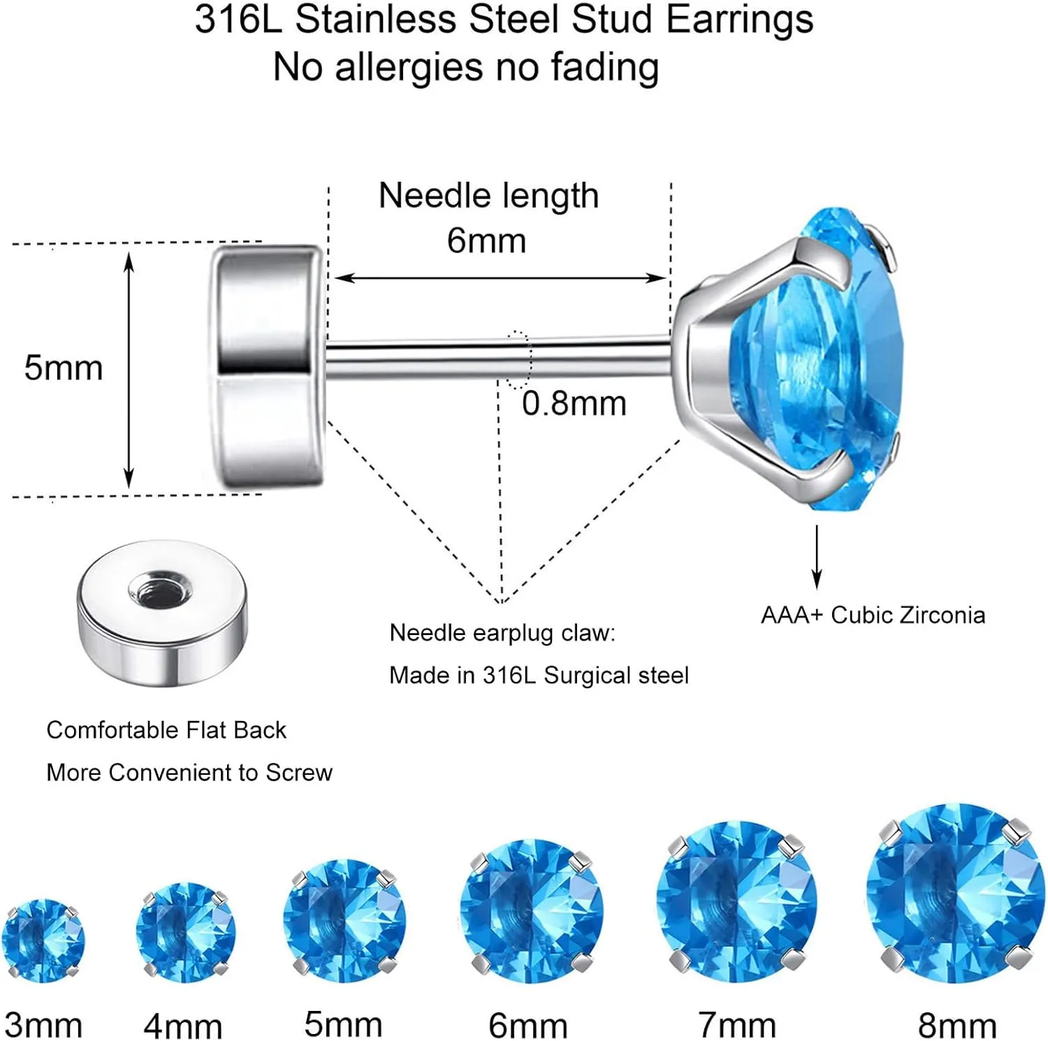 6 Pairs Hypoallergenic Surgical Steel Threaded Ear Studs for Cartilage, Helix, Lobe | Cubic Zirconia Flat Back Earrings for Women | Minimalist Everyday Jewelry Gifts