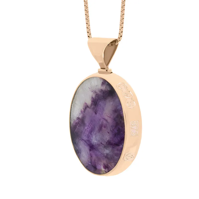 9ct Rose Gold Blue John Whitby Jet Queens Jubilee Hallmark Double Sided Oval Necklace D