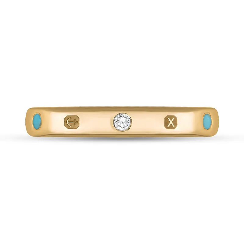 9ct Rose Gold Turquoise 0.06ct Diamond Queen's Jubilee Hallmark 3mm Ring D