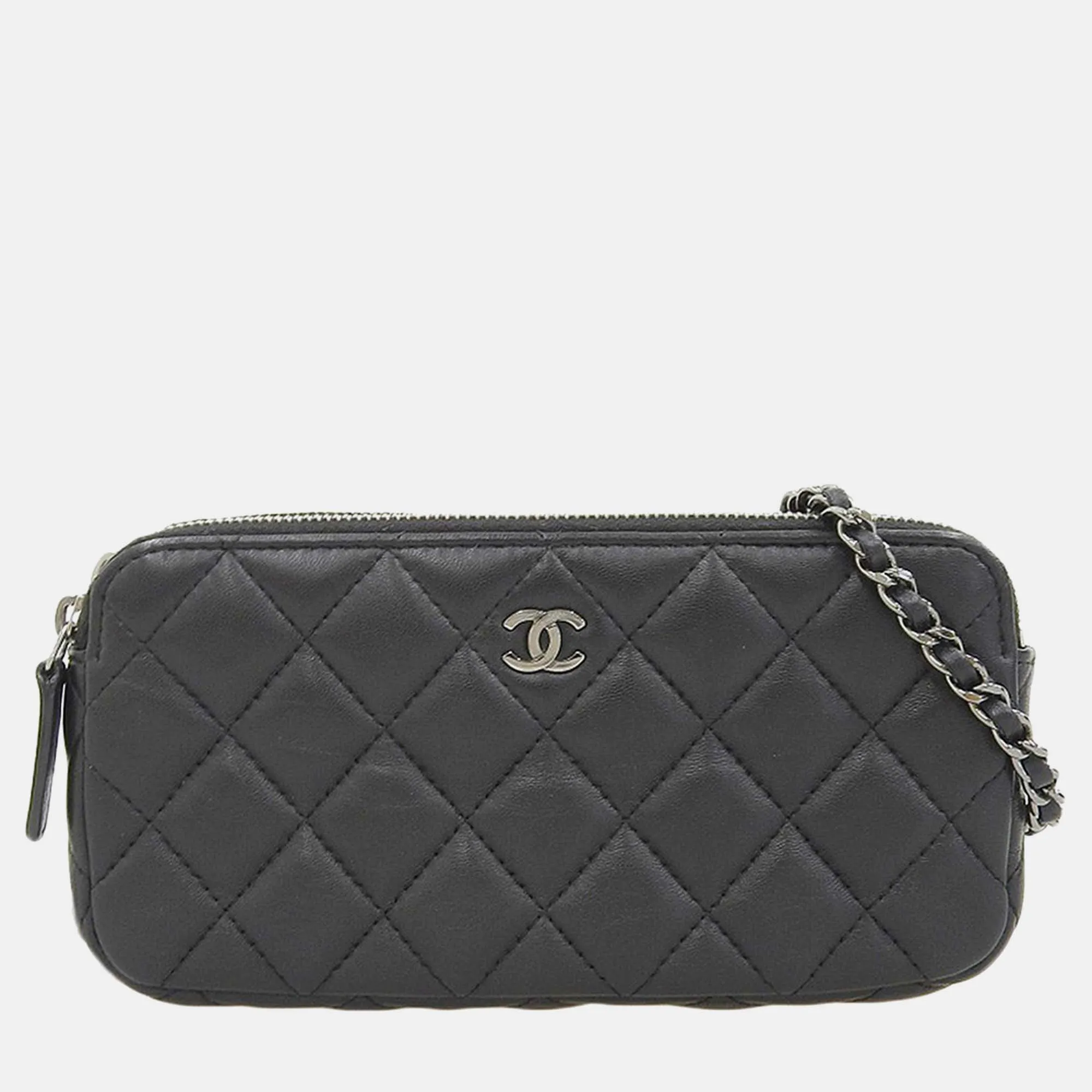 Black Leather Quilted Double Zip Clutch with Chain