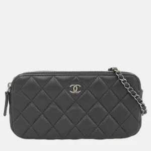 Black Leather Quilted Double Zip Clutch with Chain
