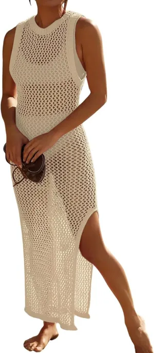 Bsubseach Crochet Swim Coverup Sleeveless Knitted Cover Up Dress