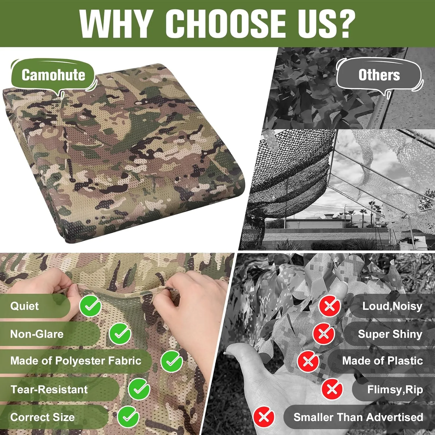 Camo Netting, Camouflage Netting, Quiet Mesh Sunshade, Fence Canopy Nets, See Through, Lightweight, Great for Concealment, Hunting, Shooting, Tree Stand, Car Cover, Photography, Decoration