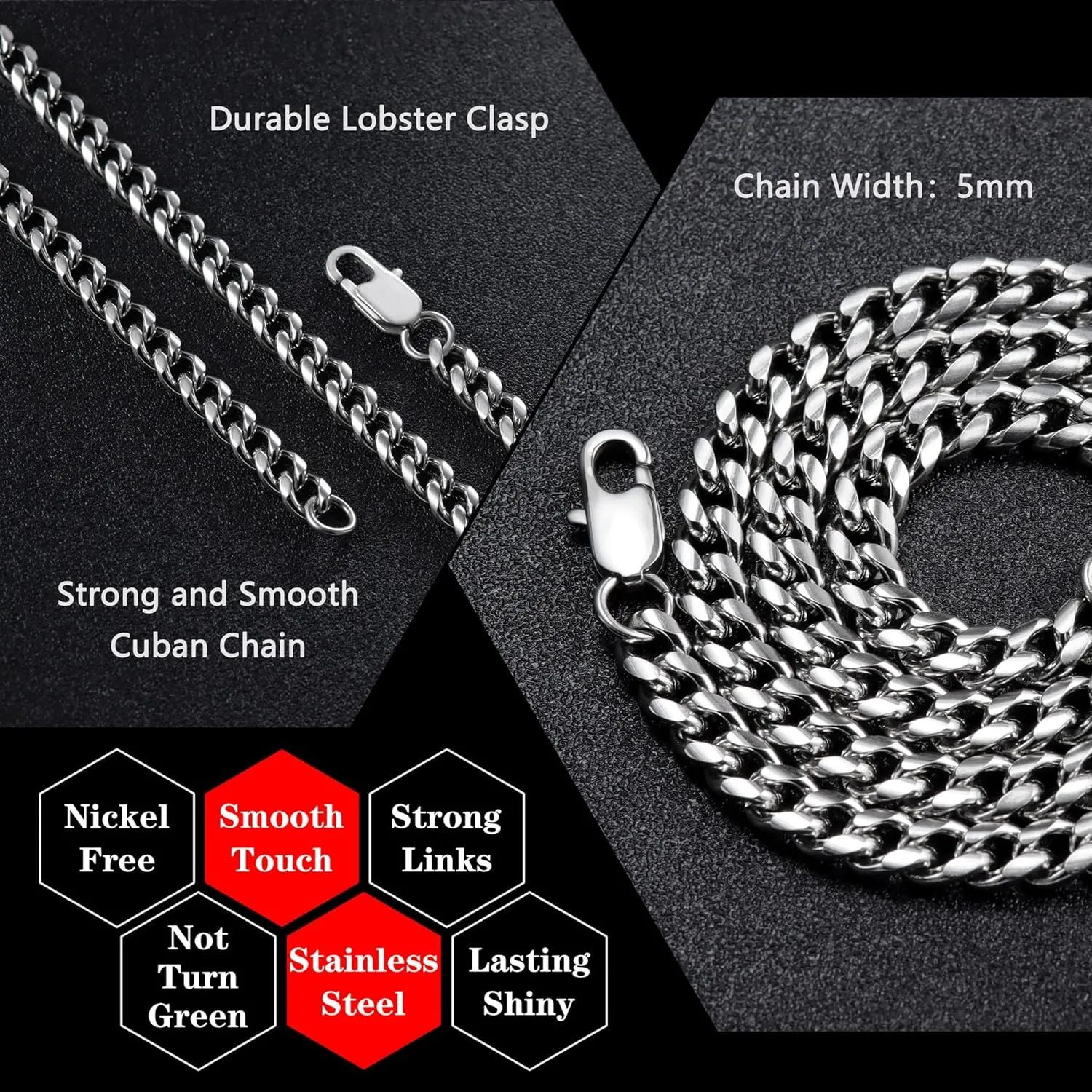 Chain for Men Stainless Steel Cuban Link Chain Necklace Silver Toned Mens Necklaces 18, 20, 22, 24, 26 Inch