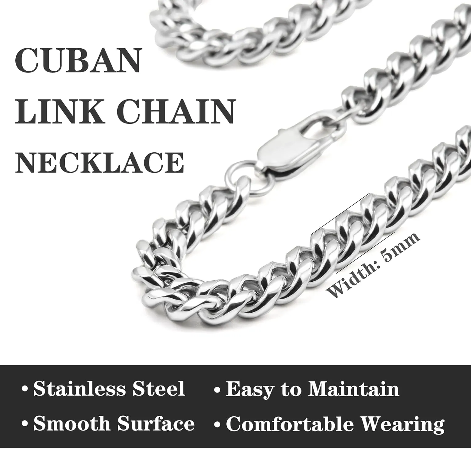 Chain for Men Stainless Steel Cuban Link Chain Necklace Silver Toned Mens Necklaces 18, 20, 22, 24, 26 Inch