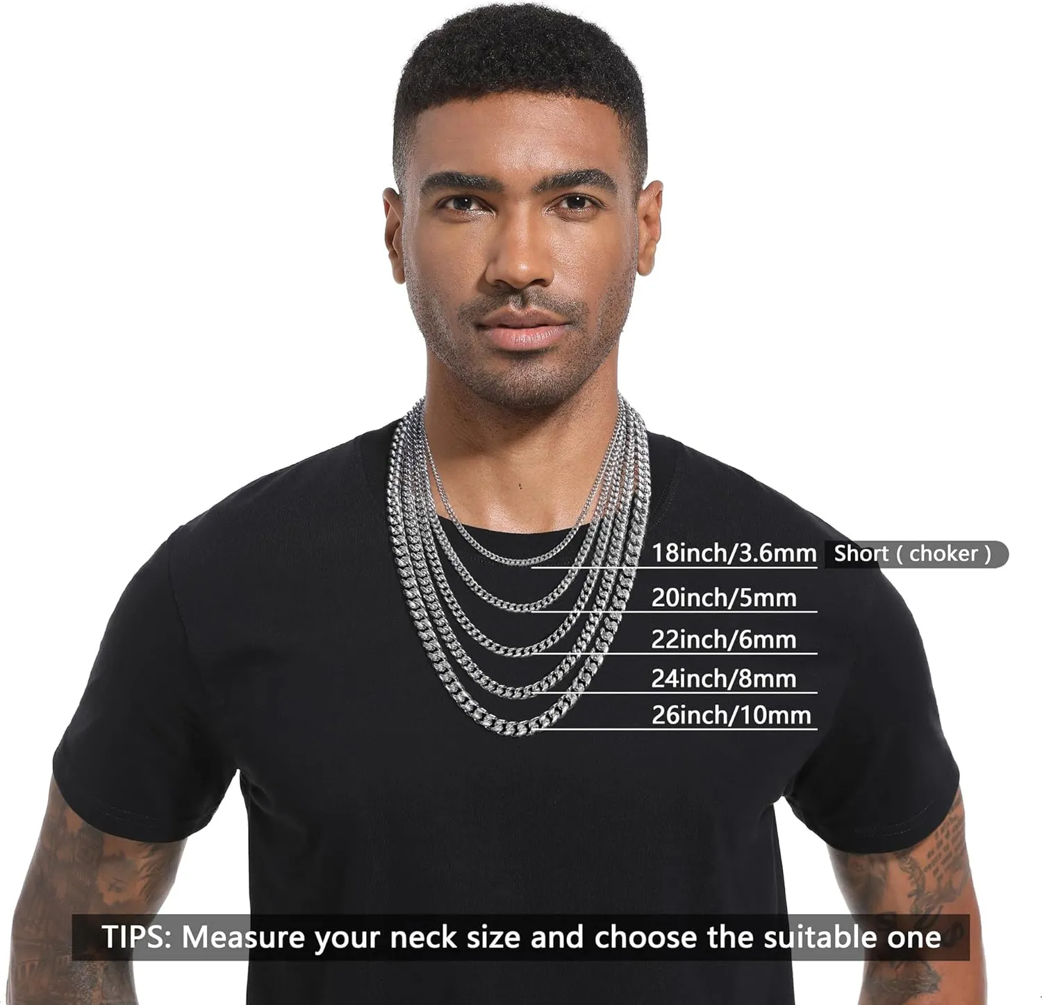 Chain for Men Stainless Steel Cuban Link Chain Necklace Silver Toned Mens Necklaces 18, 20, 22, 24, 26 Inch