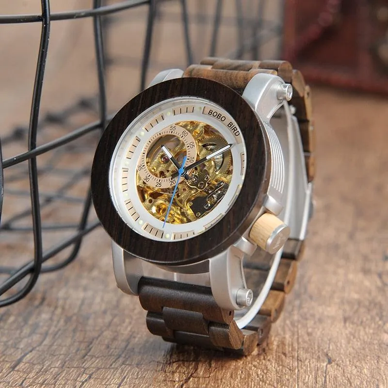 Classic Style Luxury Analog Wristwatch Wooden With Steel in Gift Wooden Box