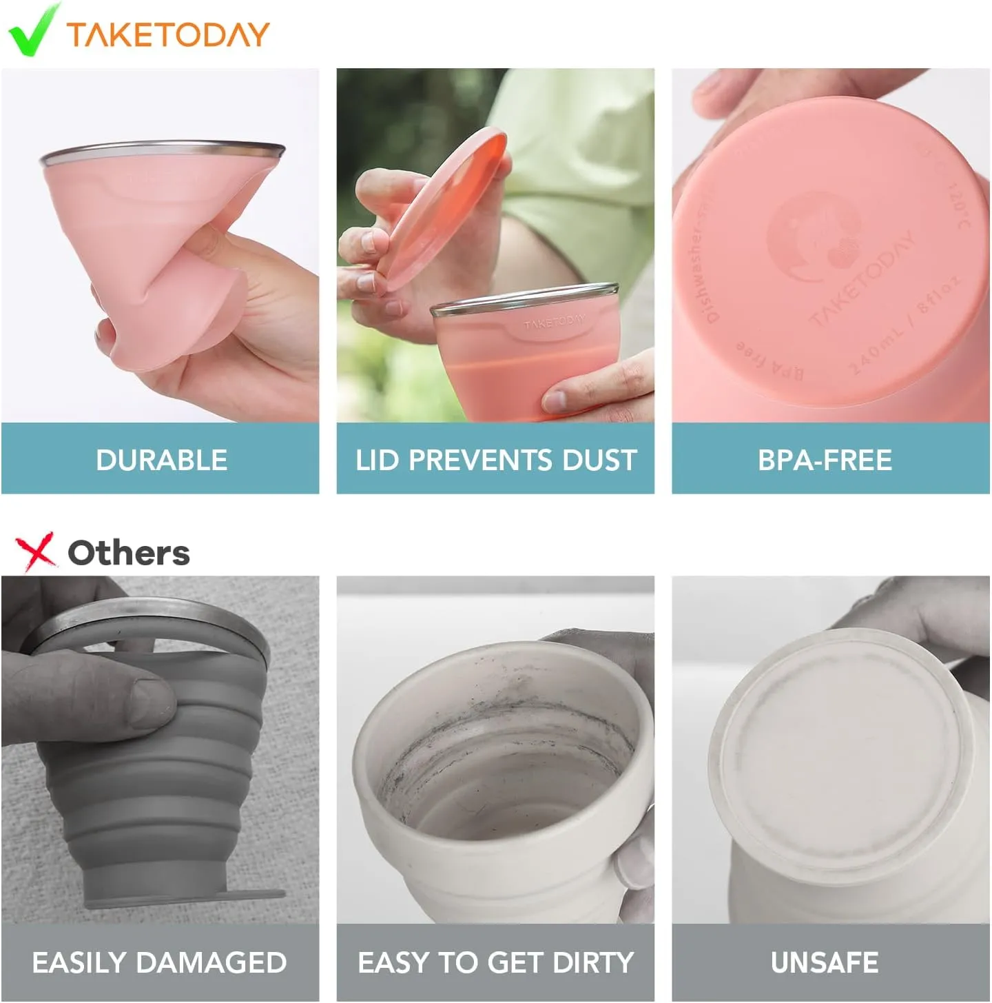 Collapsible Travel Cup - Silicone Foldable Water Cup, BPA-Free with Lid & Waterproof Bag - Drinking Cup Set for Camping, Outdoors & International Travel8 Oz, Lowcountry Peach