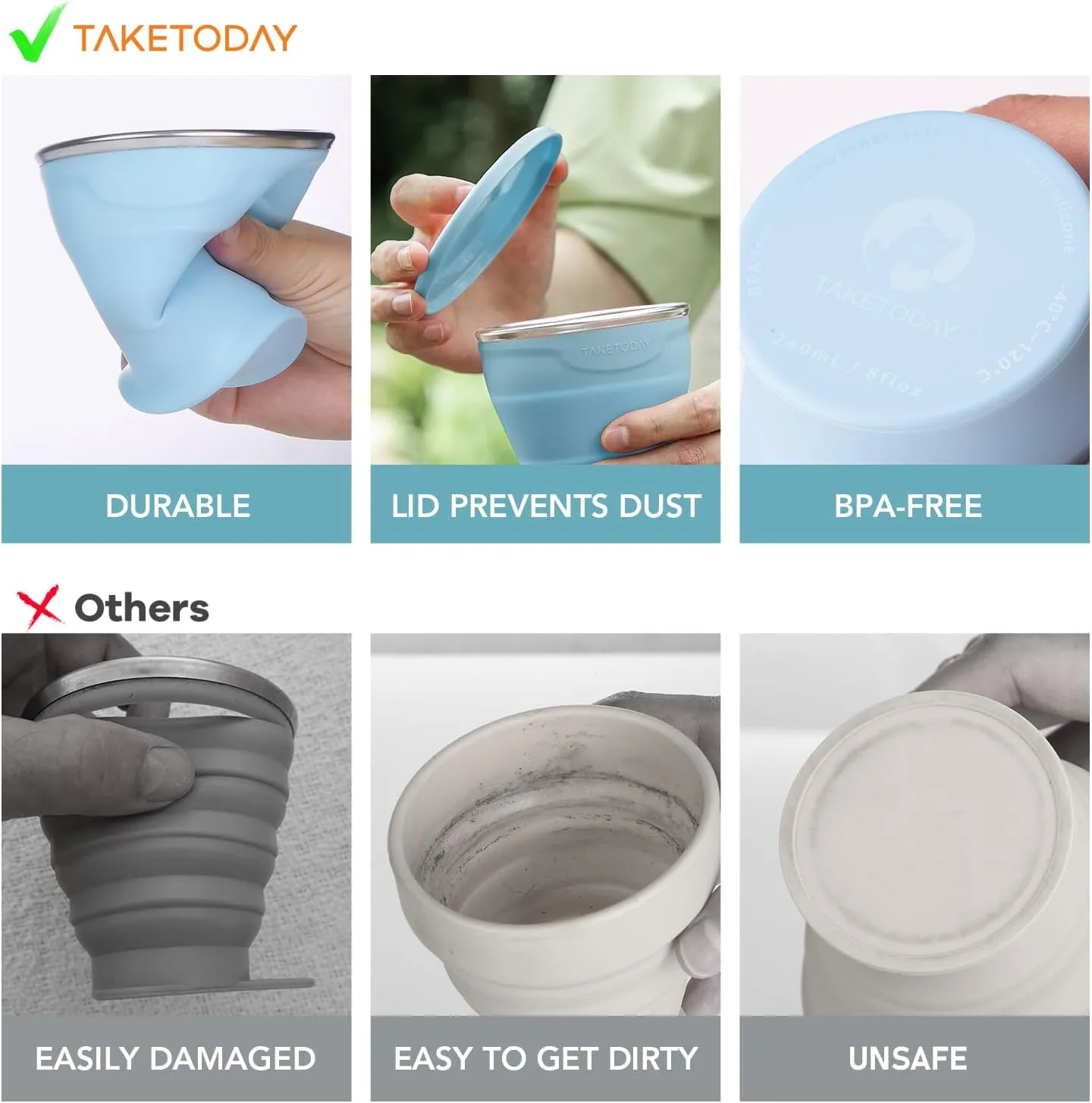 Collapsible Travel Cup - Silicone Foldable Water Cup, BPA-Free with Lid & Waterproof Bag - Drinking Cup Set for Office, Camping & International Travel8 Oz, Blue