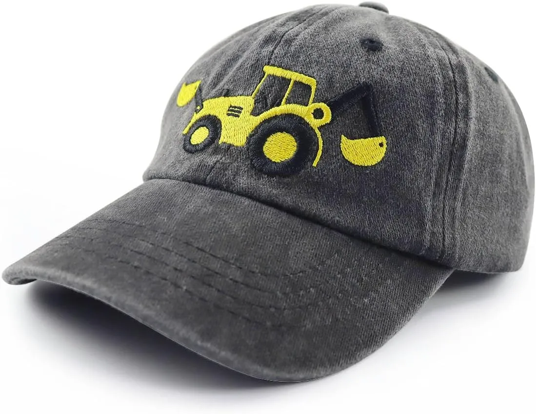 Construction Site Vehicles Hats for Boys Girls Age 3-10Adjustable Vintage Embroidered Kids Baseball Cap