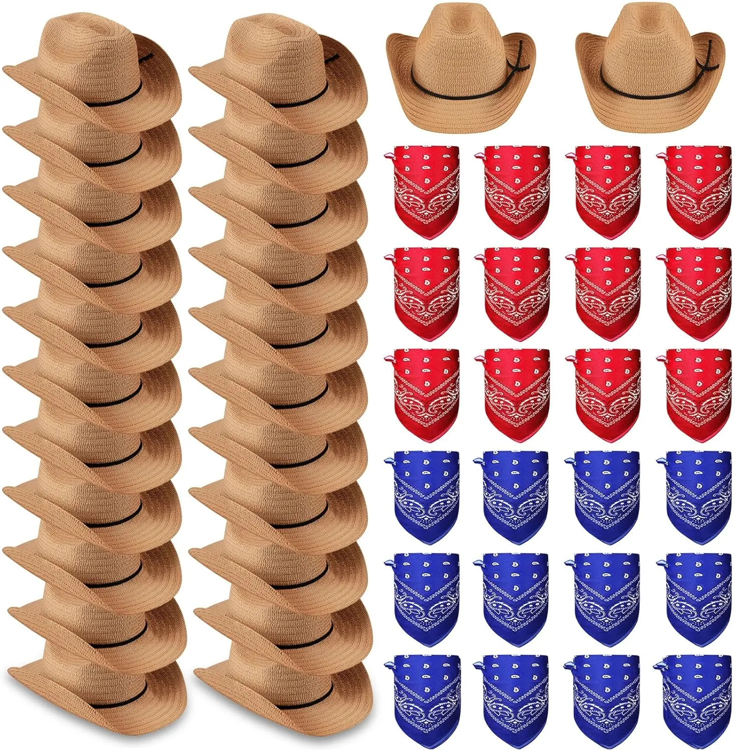 Coume 24 Sets Straw Cowboy Hats and Bandanas - Western Theme Party Costumes and Accessories Bulk Pack for Adults and Men