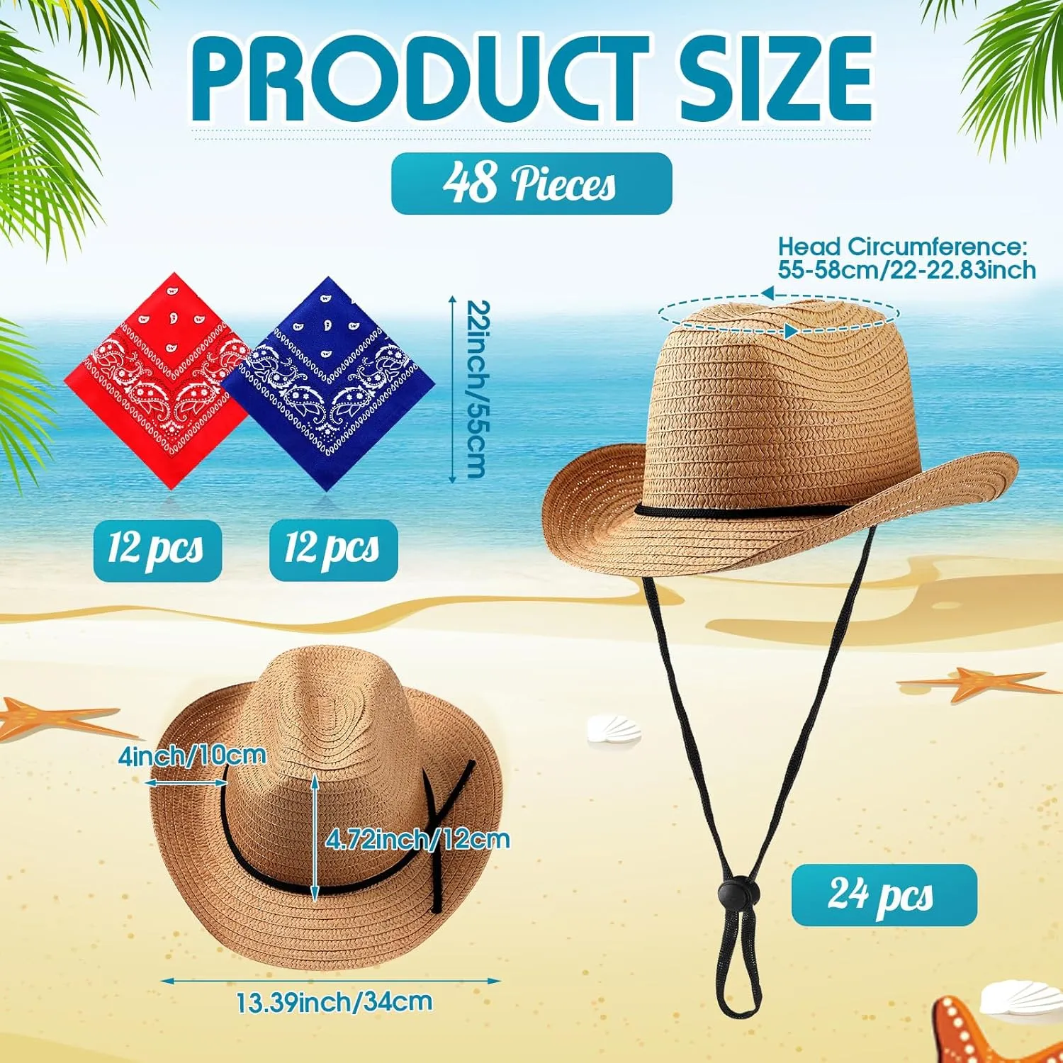 Coume 24 Sets Straw Cowboy Hats and Bandanas - Western Theme Party Costumes and Accessories Bulk Pack for Adults and Men