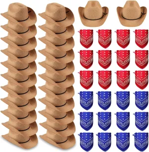 Coume 24 Sets Straw Cowboy Hats and Bandanas - Western Theme Party Costumes and Accessories Bulk Pack for Adults and Men