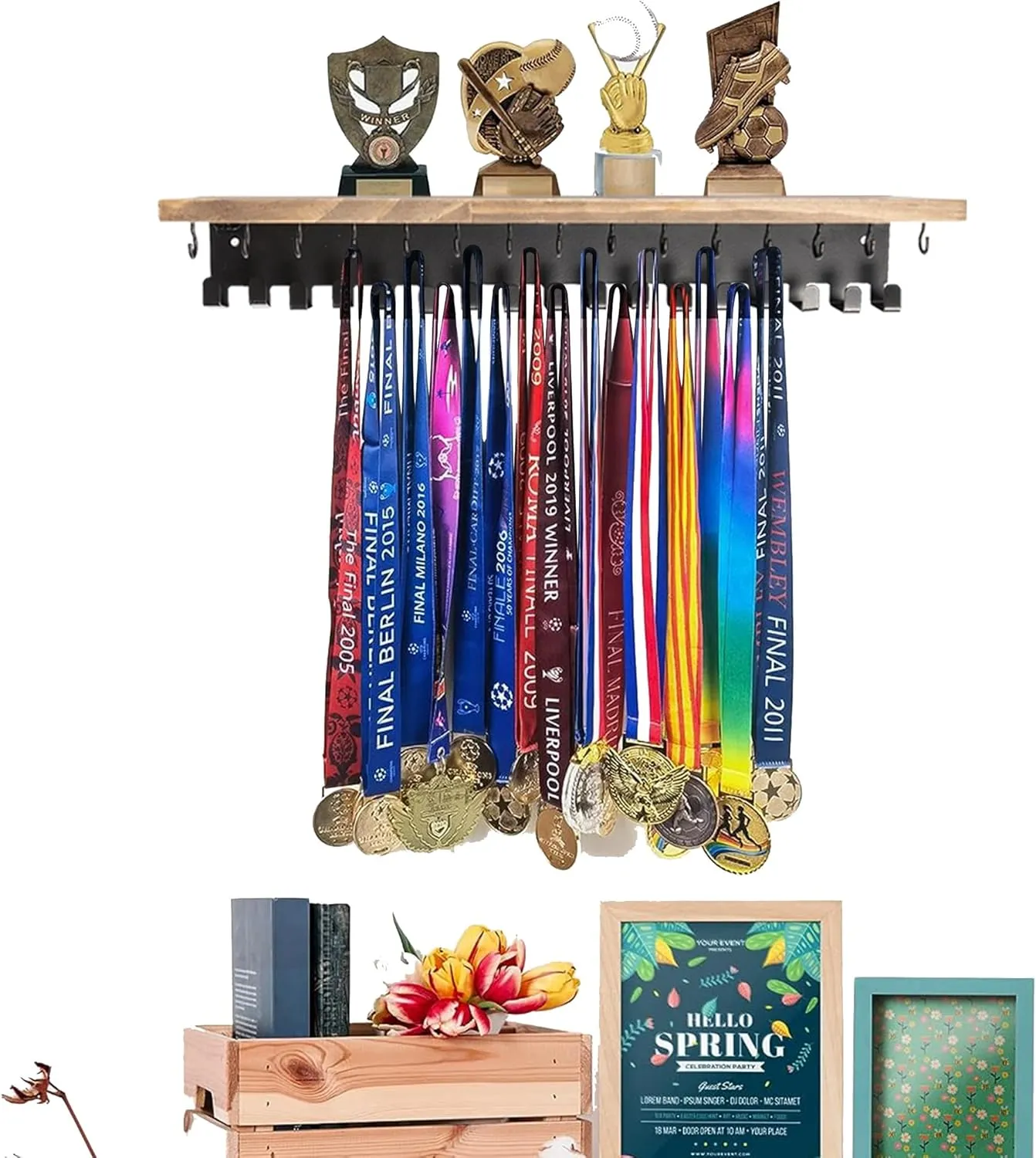 Defined Deco Medal Hanger and Trophy Shelf With 32 Hooks - Wooden Holder for Wall Mount Ribbon Display - Rack for Gymnastics, Soccer, Running Race Medals and Awards