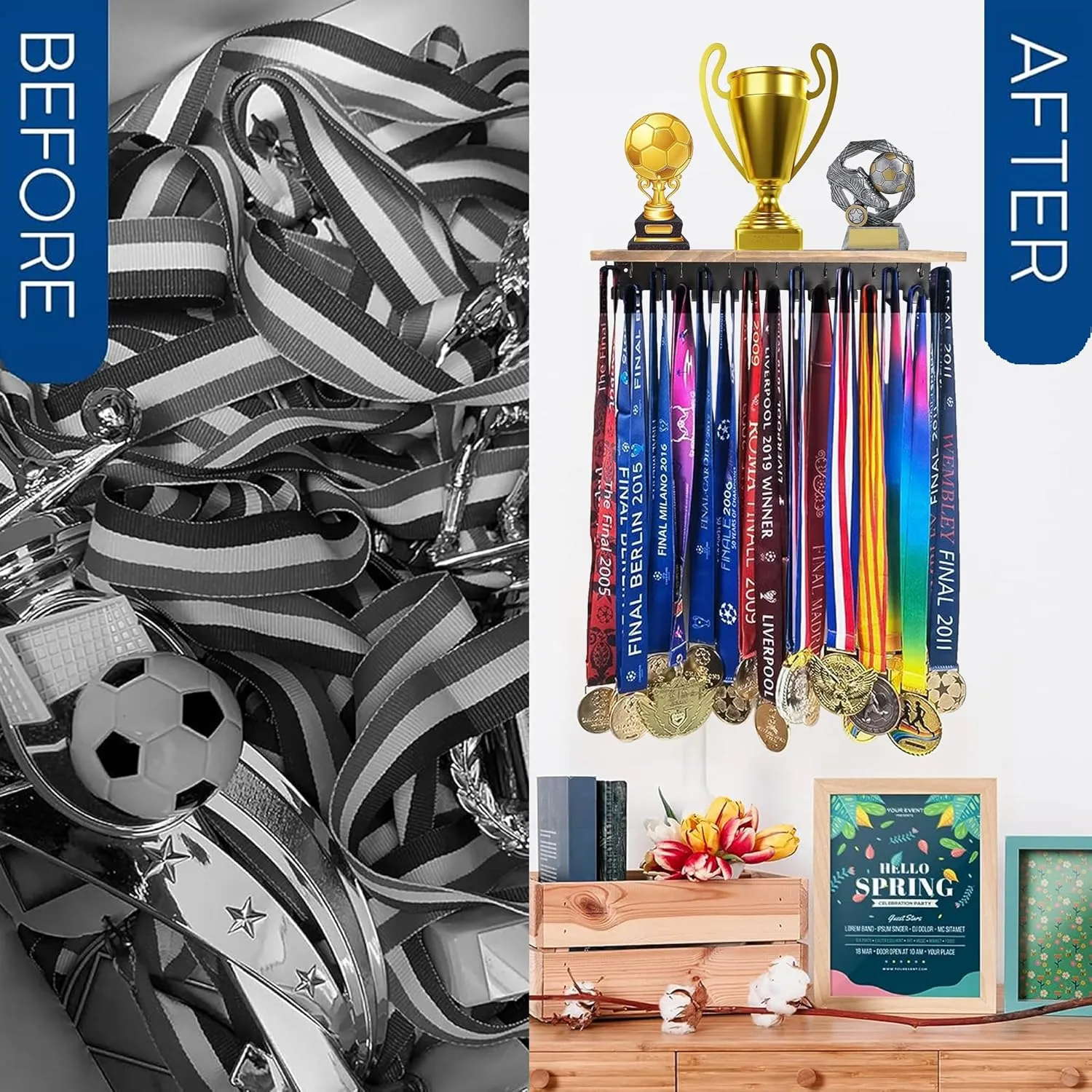 Defined Deco Medal Hanger and Trophy Shelf With 32 Hooks - Wooden Holder for Wall Mount Ribbon Display - Rack for Gymnastics, Soccer, Running Race Medals and Awards