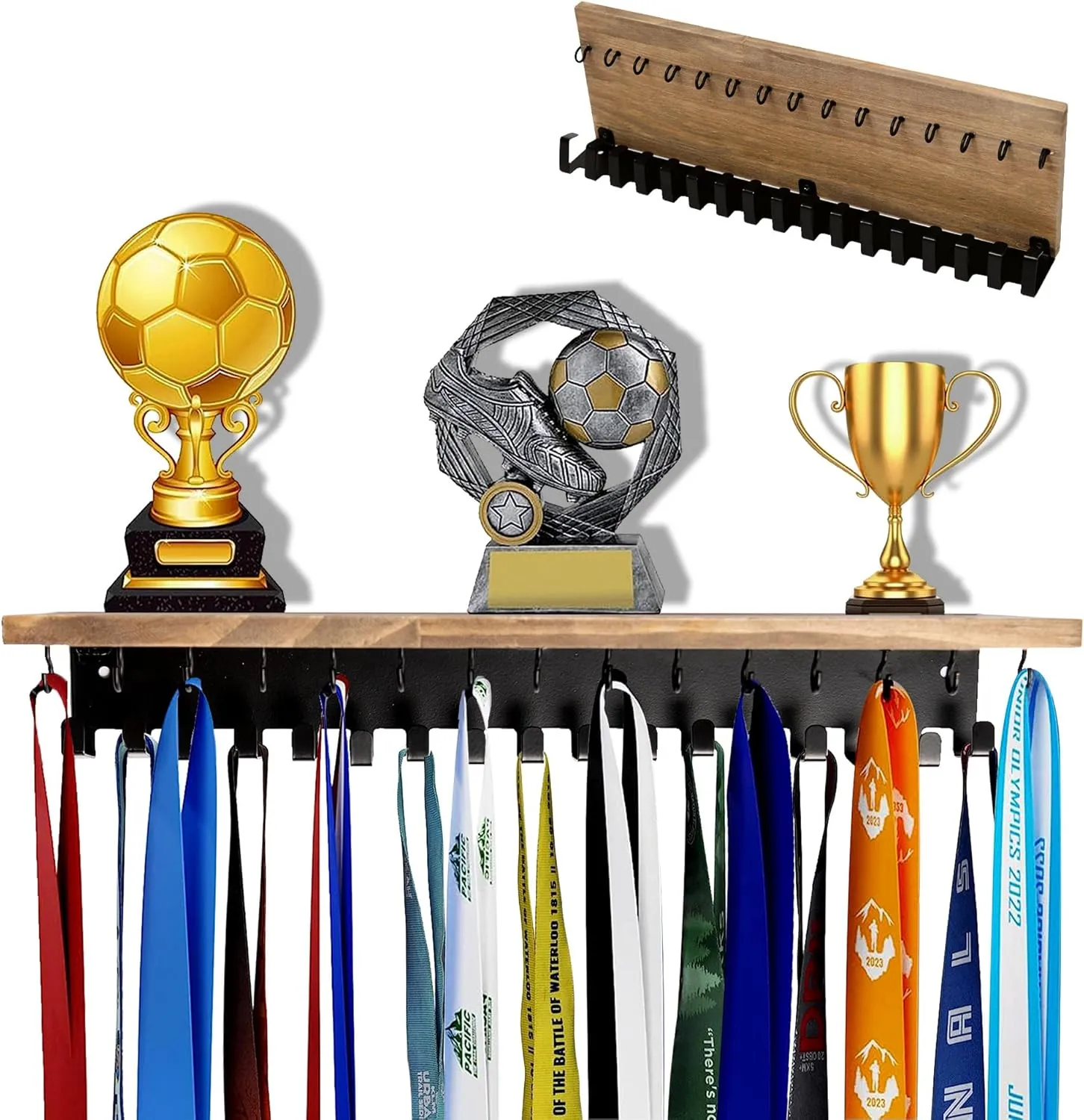 Defined Deco Medal Hanger and Trophy Shelf With 32 Hooks - Wooden Holder for Wall Mount Ribbon Display - Rack for Gymnastics, Soccer, Running Race Medals and Awards