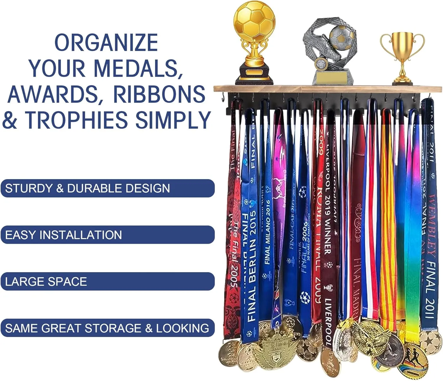 Defined Deco Medal Hanger and Trophy Shelf With 32 Hooks - Wooden Holder for Wall Mount Ribbon Display - Rack for Gymnastics, Soccer, Running Race Medals and Awards