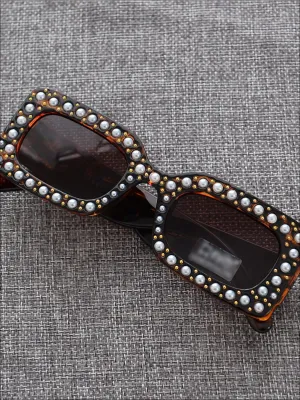 Girls Rectangular Retro Pearl Studded Sunglasses