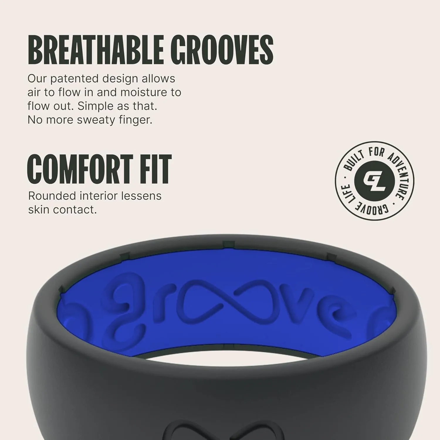Groove Life Solid Silicone Ring - Breathable Rubber Wedding Rings for Men, Lifetime Coverage, Unique Design, Comfort Fit Ring