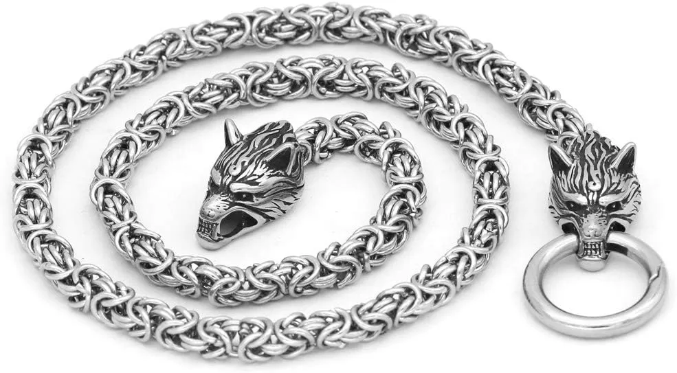 GuoShuang Wolf Head with Thor Mjolnir Pendant Necklace Stainless Steel - King Chain