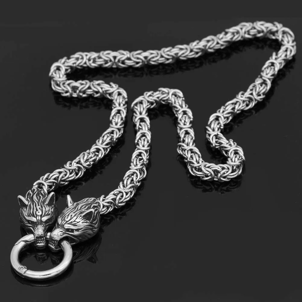GuoShuang Wolf Head with Thor Mjolnir Pendant Necklace Stainless Steel - King Chain