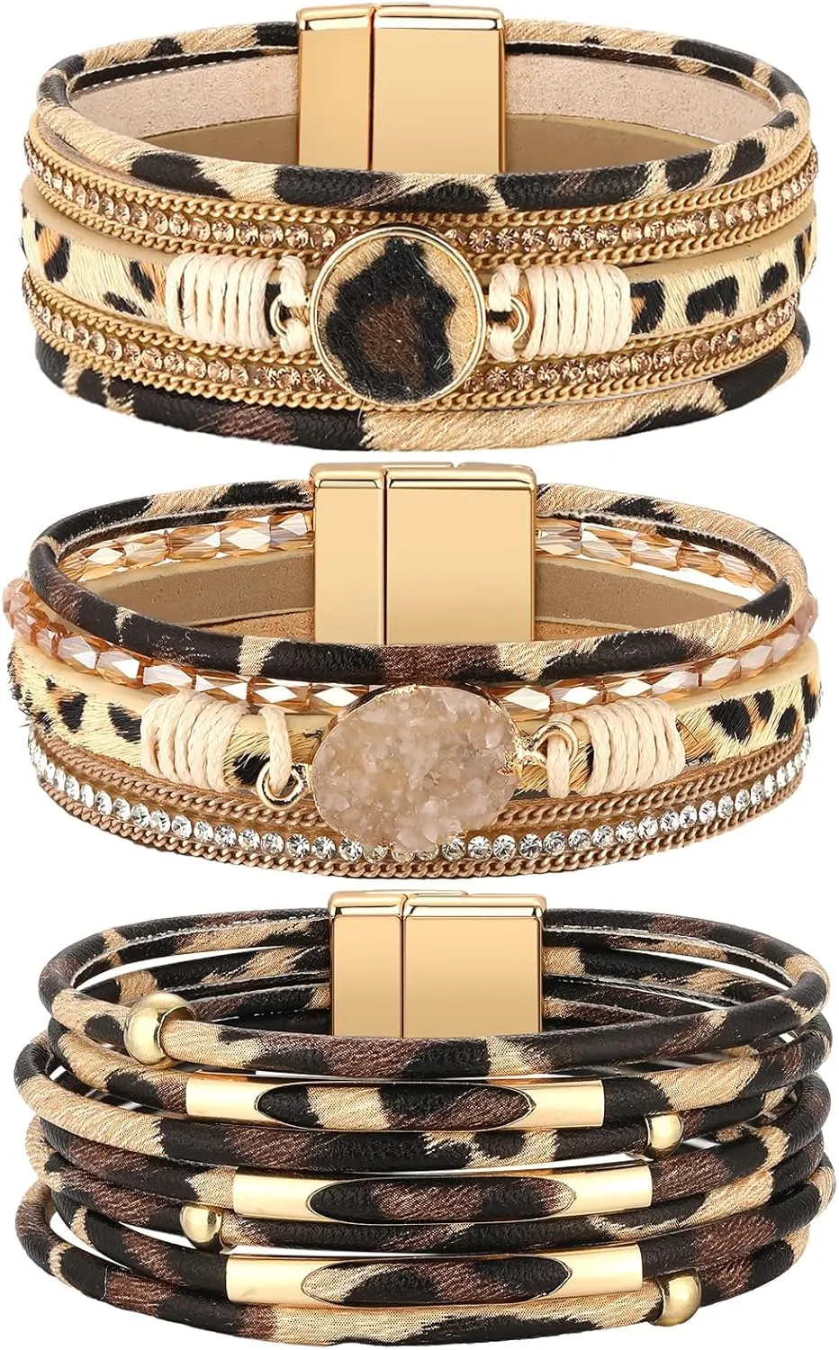 Inbagi 3 Pcs Leopard Bracelet for Women Leather Multi-Layer Wrap Bracelet Western Boho Crystal Beads Cuff Jewelry for Girls