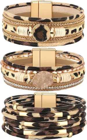 Inbagi 3 Pcs Leopard Bracelet for Women Leather Multi-Layer Wrap Bracelet Western Boho Crystal Beads Cuff Jewelry for Girls