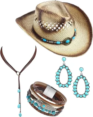 Janmercy 4 Pcs Boho Jewelry Set Straw Cowboy Hat with Vintage Synthetic Turquoise Necklace, Bracelets, Earrings for Women