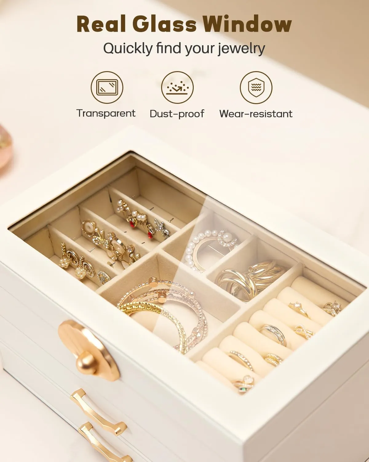 Jewelry Box with 2 Drawers: Display Organizer for Earrings Necklaces - Gift for Girls Women (White)