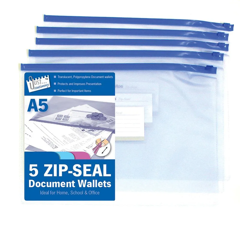 Just Stationery A5 Zip Seal Document Wallets | Pack of 4